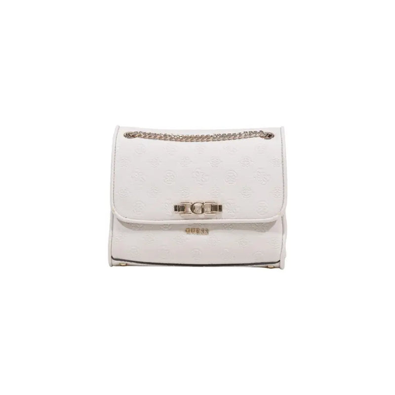 White Guess crossbody bag with subtle embossed logo pattern and silver-toned chain strap from spring summer collection