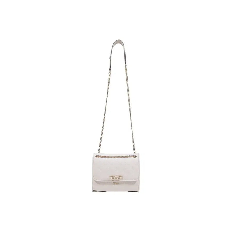Guess beige handbag from spring summer collection featuring white textured leather crossbody with silver chain strap and clasp