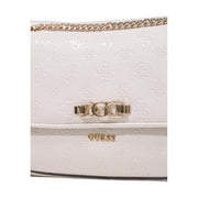 White Guess crossbody bag with gold-tone chain strap and embossed logo pattern from spring summer collection