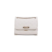White Guess crossbody bag with subtle embossed logo pattern and silver-toned chain strap from spring summer collection