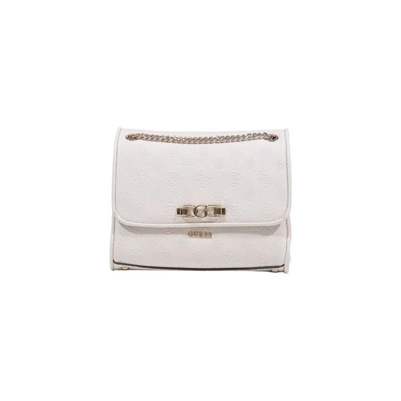 White Guess crossbody bag with subtle embossed logo pattern and silver-toned chain strap from spring summer collection