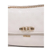White Guess crossbody bag with gold-tone chain strap and embossed logo pattern from spring summer collection