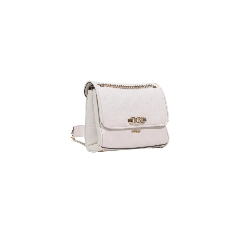 White Guess crossbody bag with chain strap and metallic logo clasp from the beige handbag spring summer collection