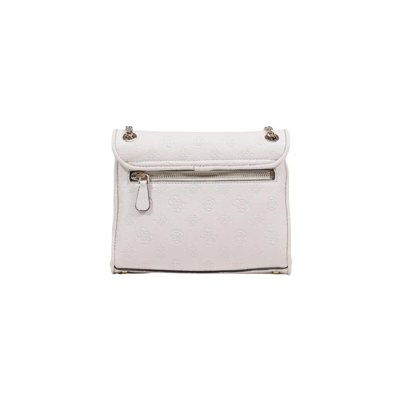 Guess beige handbag with pockets featuring white leather crossbody design embossed logo and silver-toned hardware