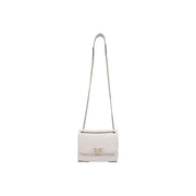 Guess beige handbag from spring summer collection featuring white textured leather crossbody with silver chain strap and clasp