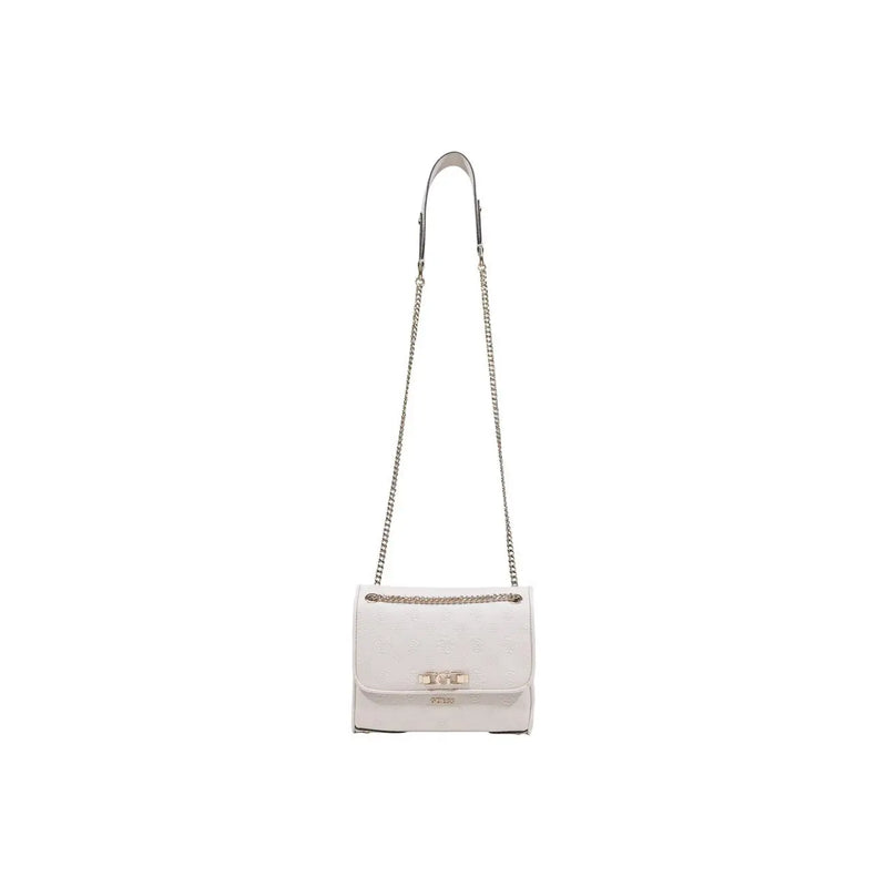 Guess beige handbag from spring summer collection featuring white textured leather crossbody with silver chain strap and clasp