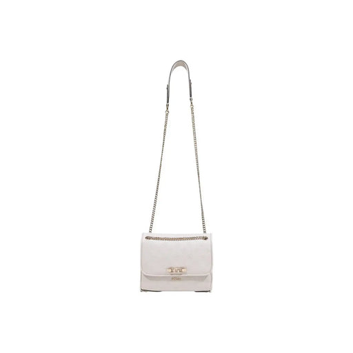 Guess beige handbag from spring summer collection featuring white textured leather crossbody with silver chain strap and clasp