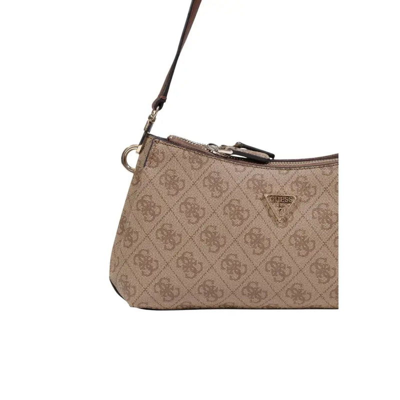 Guess beige handbag with shoulder strap featuring a repeating monogram pattern and brown leather detailing