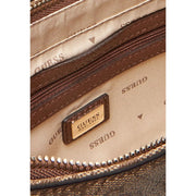 Brown leather Guess beige plain handbag interior with beige fabric lining and gold-tone metal zipper pulls