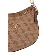 Tan guess shoulder bag with repeating monogram pattern gold tone hardware beige plain handbag with zip and pockets