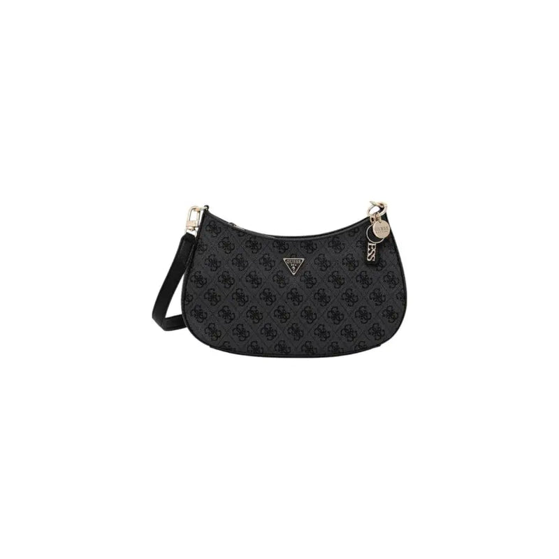 Guess Schwarze Schultertasche mit sich wiederholendem Logomuster und goldfarbenen Beschlägen