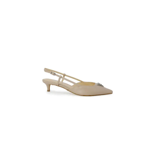 Guess Beigefarbene Slingback-Pumps aus Leder mit spitzer Zehenpartie, zartem Knöchelriemen und kleiner metallischer Schleife, Größe 4