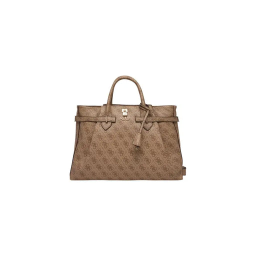 Tan guess handbag with repeating monogram pattern and gold-tone hardware in beige polyurethane for spring summer women