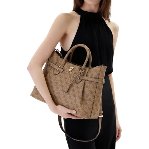 Guess beige polyurethane handbag for women with tan monogram pattern, top handles, and adjustable shoulder strap