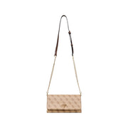 Guess beige print shoulder bag with automatic buttons featuring a beige crossbody design with logo pattern and chain leather strap