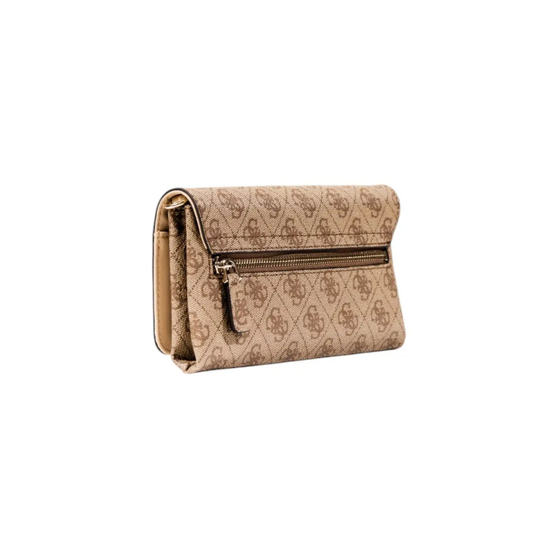 Beige guess wallet with repeating logo pattern and gold-tone zipper from guess beige print shoulder bag with automatic buttons