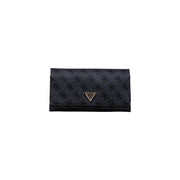 Schwarz Guess Geldbörse mit Monogrammmuster, goldenes Logo auf beiger bedruckter Tasche