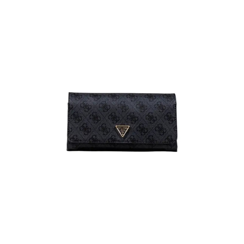 Schwarz Guess Geldbörse mit Monogrammmuster, goldenes Logo auf beiger bedruckter Tasche