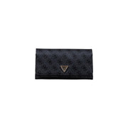 Black Guess wallet with monogram pattern, gold logo on beige print bag