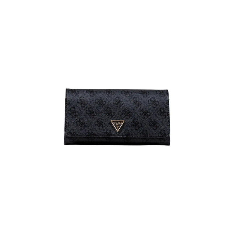 Black Guess wallet with monogram pattern, gold logo on beige print bag