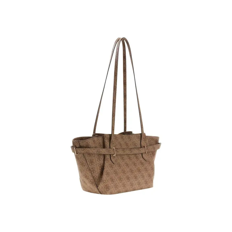 Brown guess tote bag with repeating monogram pattern and dual shoulder straps from the spring summer collection