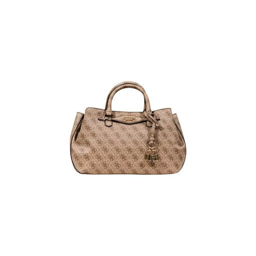 Guess beige shoulder handbag with monogram pattern, gold-tone hardware, zip, and outside pocket