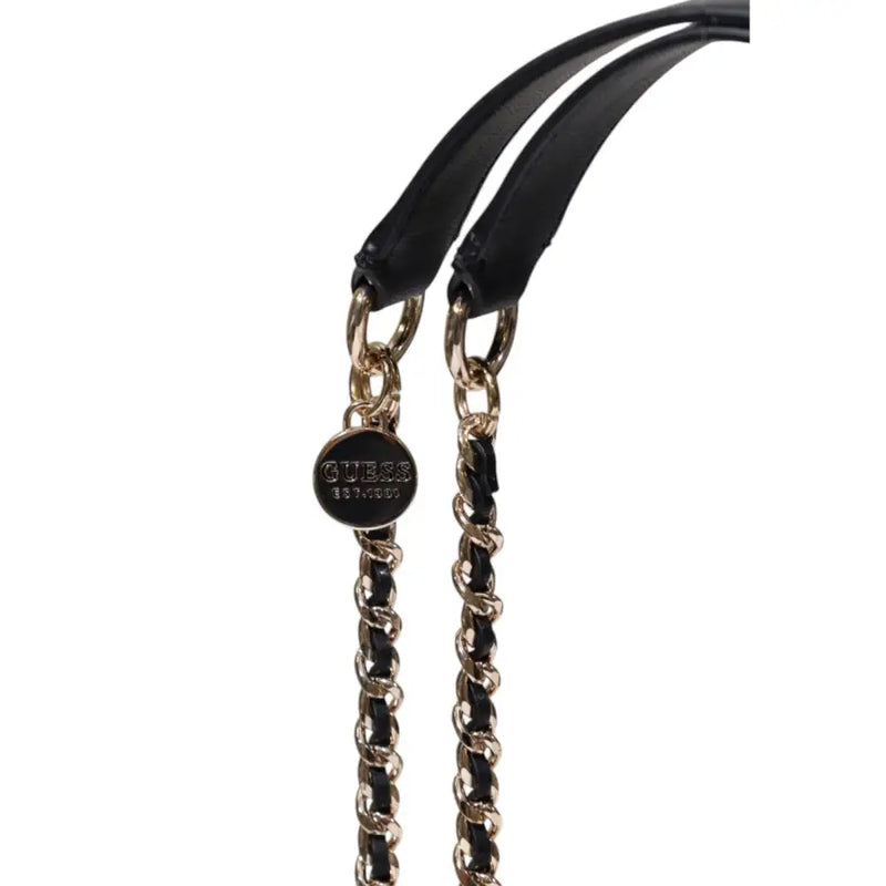 Guess black leather handbag shoulder strap with gold-tone chain links and circular Guess brand tag