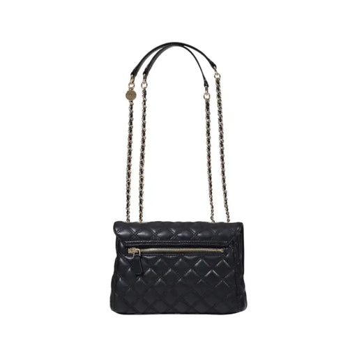 Guess black handbag made of quilted leather with magnetic closure silver chain straps and front zipper pocket