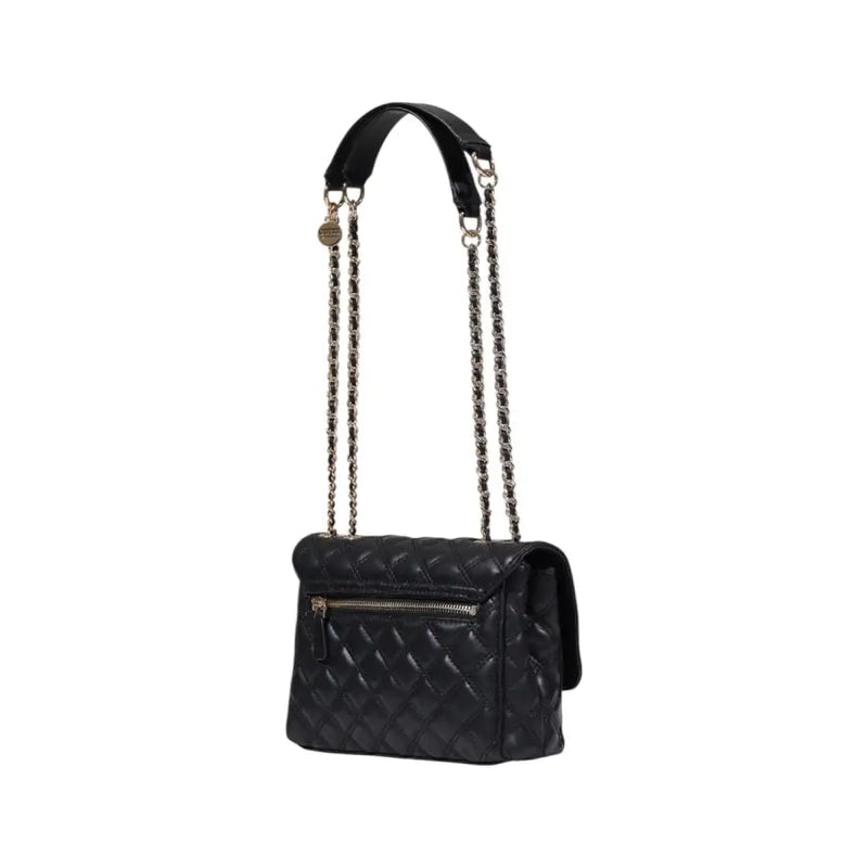 Guess black quilted leather crossbody handbag with gold-tone chain strap, magnetic closure, and multiple pockets