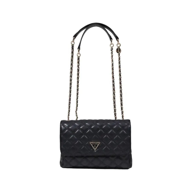 Guess black quilted leather crossbody bag with silver-tone chain, top handle, magnetic closure, and multiple pockets