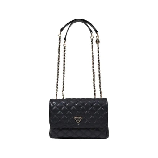 Guess black quilted leather crossbody bag with silver-tone chain, top handle, magnetic closure, and multiple pockets