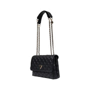 Guess black quilted leather shoulder bag with silver chain strap, triangular logo, magnetic closure, and multiple pockets