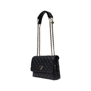 Guess black quilted leather shoulder bag with silver chain strap, triangular logo, magnetic closure, and multiple pockets