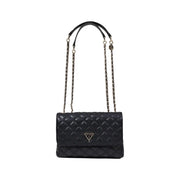 Guess black quilted leather crossbody bag with silver-tone chain, top handle, magnetic closure, and multiple pockets
