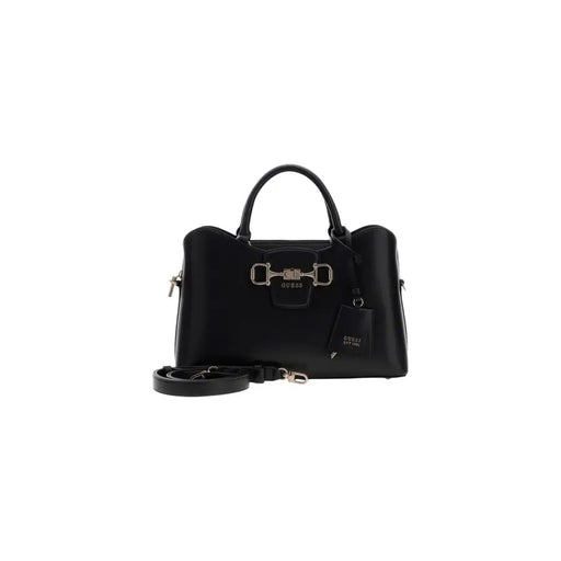 Guess black handbag with shoulder strap and pockets featuring a sleek structured design and silver horsebit clasp