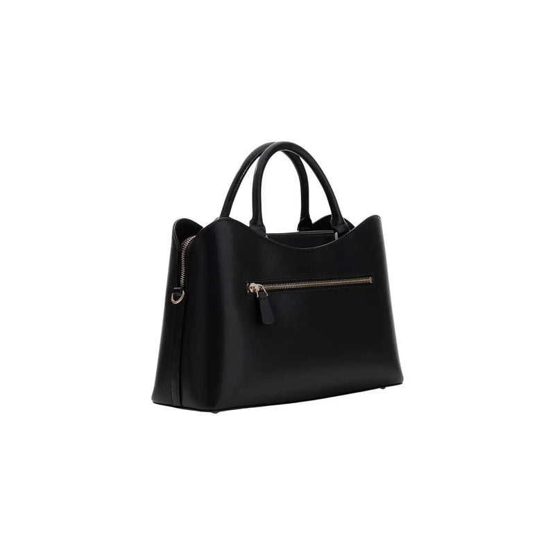 Guess black leather handbag with gold-tone zippers handles shoulder strap and multiple pockets for organization