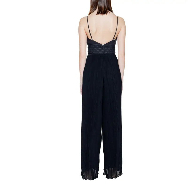 Guess black pleated wide-leg jumpsuit with detailed bodice and thin straps featuring a sweetheart neckline