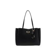 Black Guess polyurethane tote bag with embossed logo and keychain accessory featuring multiple pockets