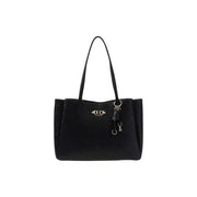 Black Guess polyurethane tote bag with embossed logo and keychain accessory featuring multiple pockets
