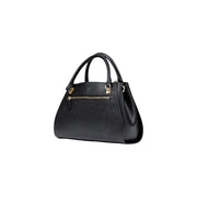 Guess black polyurethane handbag with shoulder strap featuring black leather textured surface and gold-tone hardware