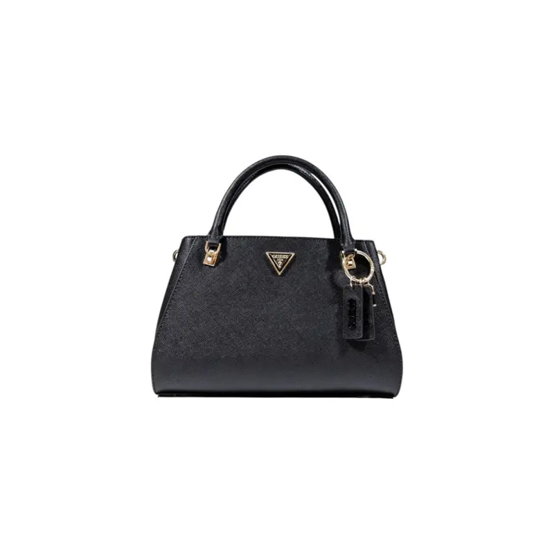 Guess black polyurethane handbag with textured leather and gold-tone hardware featuring a shoulder strap