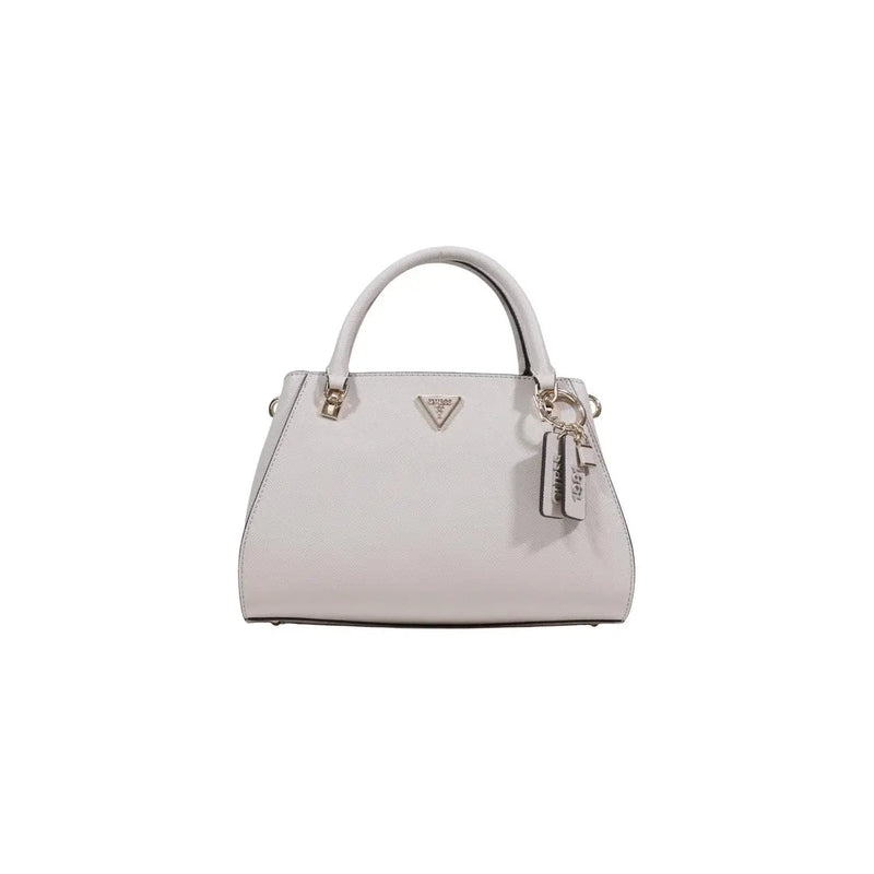 Sleek light gray Guess handbag with structured design and gold-tone hardware