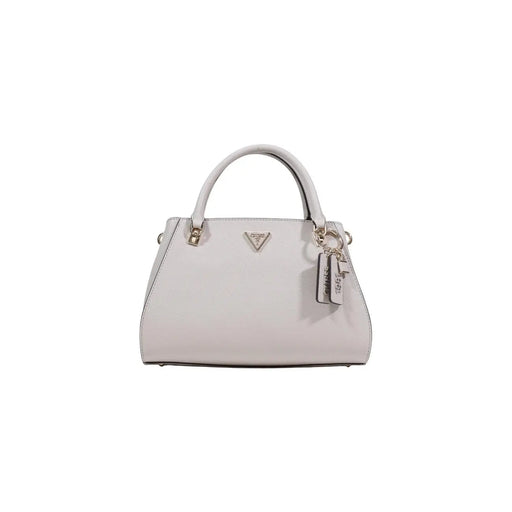 Sleek light gray Guess handbag with structured design and gold-tone hardware