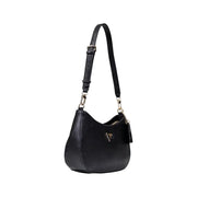 Black Prada hobo bag with textured leather and gold-tone hardware shown with zip pocket on Guess black polyurethane handbag