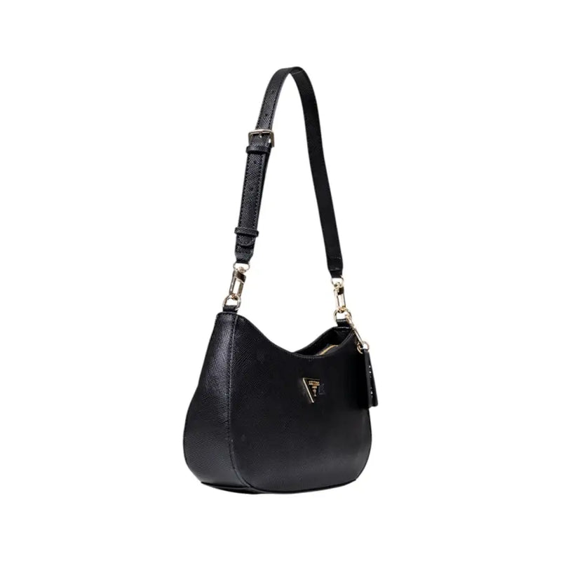 Black Prada hobo bag with textured leather and gold-tone hardware shown with zip pocket on Guess black polyurethane handbag