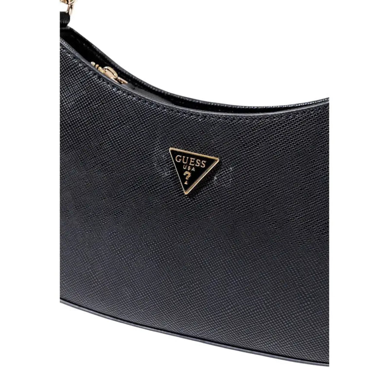 Black textured leather Guess handbag with gold-tone triangular logo plaque and zip pocket in polyurethane material