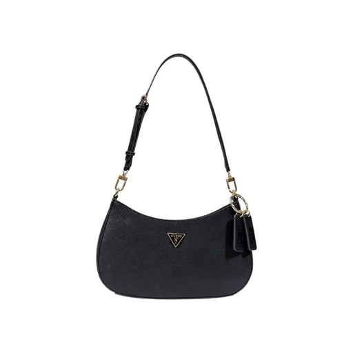 Black Guess shoulder bag with textured polyurethane leather and gold-tone hardware featuring a zip pocket