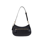 Guess black polyurethane handbag featuring textured shoulder design with gold-tone zipper and hardware details