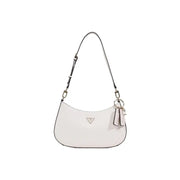 Guess Schwarze Polyurethan-Handtasche mit Reißverschlusstasche, weißem, strukturiertem Korpus, schwarzem Besatz, silbernem Logo