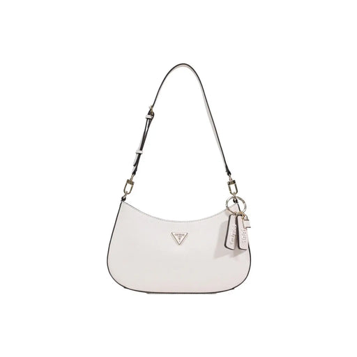Guess black polyurethane handbag with zip pocket, white textured body, black trim, silver logo